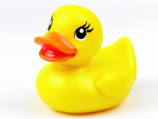 Close-up of a bright yellow rubber duck on a white background, studio shot, perfect for childhood themes and playful designs