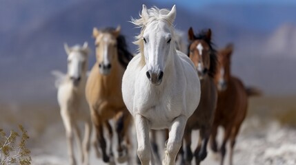 Obraz premium Wild horses running in a desert landscape