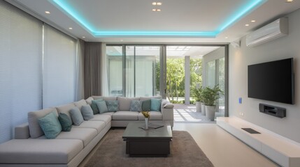 Modern Living Room Interior Design with  L Shaped Sofa, Large TV, and Teal Accents