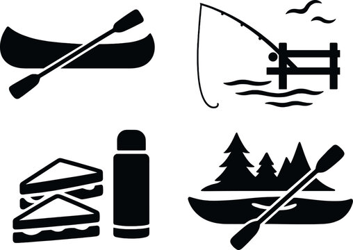 Lakeside picnic icons set – silhouette, outdoor adventure and recreation symbols