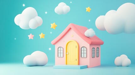 Naklejka premium A dreamy pastel-colored cartoon house with floating stars and fluffy clouds.