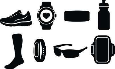 Running essentials icons set – silhouette, fitness gear and exercise symbols