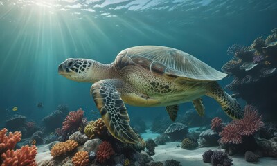 Obraz premium A majestic green sea turtle explores a dazzling coral reef in a breathtaking underwater scene , ocean, marine life