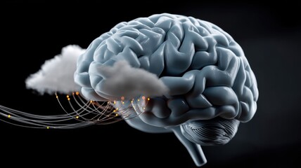 A digital illustration of a human brain with clouds and data streams, symbolizing cloud computing and artificial intelligence.