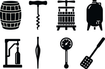 Winemaking tools icons set – silhouette, wine production and fermentation symbols