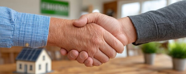 Business Deal and Contract Signing in an Environment of Formal Agreement Concept., Hands Shaking in Agreement Over New Home Financing with Model House in Background