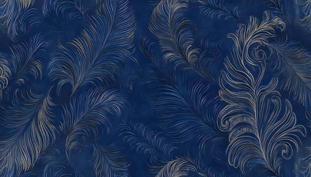 Elegant, flowing feather pattern on deep blue fabric.