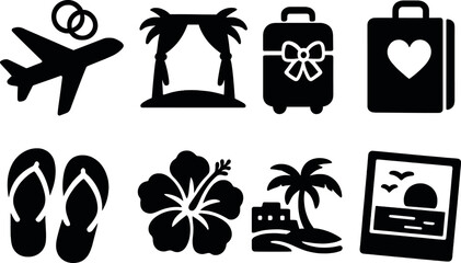 Destination wedding silhouette icons set – simple, marriage and travel elements