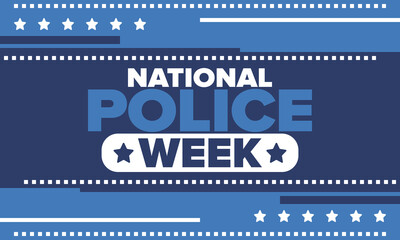 National Police Week in May. Celebrated annual in United States. In honor of the police hero. Police badge and patriotic elements. Officers Memorial Day. Poster, card, banner. Vector illustration