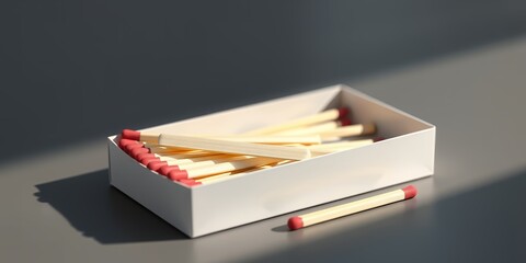 A close up view of a white box filled with matches on a gray surface with shadows casted