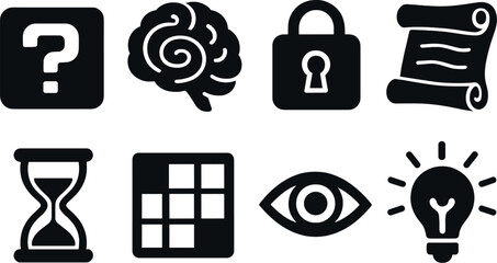 Puzzles and mysteries icons set – silhouette, brainteasers and enigma symbols