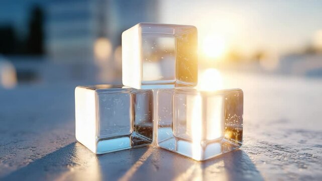 Clear transparent ice cube stack frozen on cold reflective surface with sunlight creating bright and refreshing atmosphere in morning light
