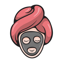 Female face with towel on head and cosmetic face mask. Vector illustration of SPA procedures and oriental medicine. Color print isolated on white background for icon, sticker, design