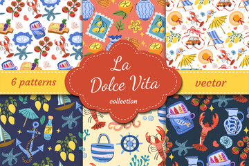 La Dolce Vita themed vector patterns set with sun, lemon, pasta, tomatoes and seafood. A celebration of Italian lifestyle and joyful summer.