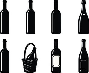 Wine bottle icons set – silhouette style, minimalist and elegant design symbols