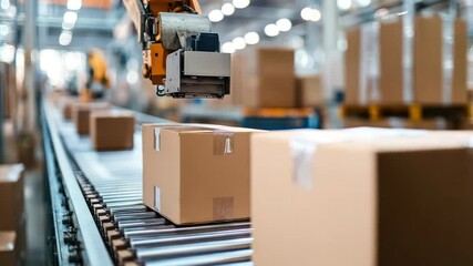 Automated robotic arm handling cardboard box on conveyor in warehouse packaging and automation with organized storage and industrial lighting