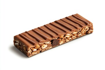 Chocolate granola bar with crispy rice and nuts on white background