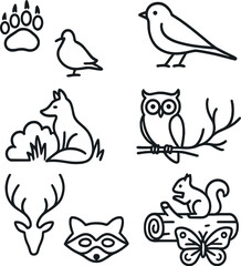 Wildlife camping icons set – outline, nature and outdoor adventure symbol collection