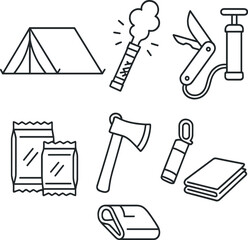 Obraz premium Essential survival gear icons set – outline style, camping and outdoor adventure symbols