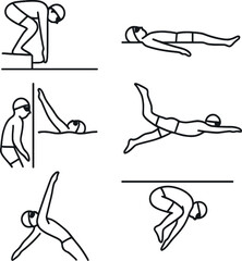 Backstroke swimming icons set &ndash; silhouette, aquatic sports and swim technique symbols