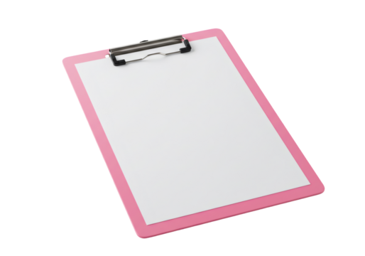 ピンクのフレームと白い紙のシンプルなクリップボード 透明な背景に文書とオフィス用品 - Powered by Adobe