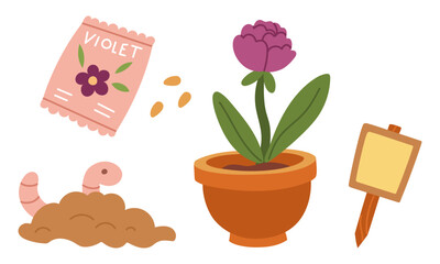 set for planting house plants. Clay pot, soil, worm, earth, seeds, tablet. house plant. collection of color illustrations. Suitable postcards, prints, blog design, children's books, packaging design