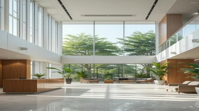 Modern architecture features glass windows offering an empty view from a luxury office interior to a new building
