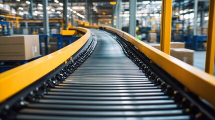 A high-speed automated conveyor belt transporting goods in an industrial plant.