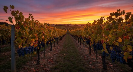 Naklejka premium A Stunning Vineyard at Sunset: Explore the Beautiful Rows of Grapevines Under a Fiery Sky in a Picturesque Wine Region