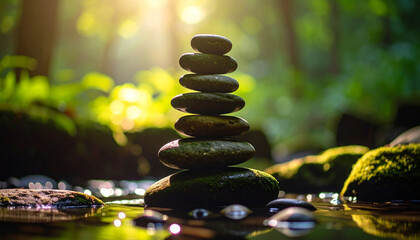Obraz premium The art of stone stacking reflects Zen mindfulness and balance. Perfect for themes of patience, calmness, and spiritual alignment.