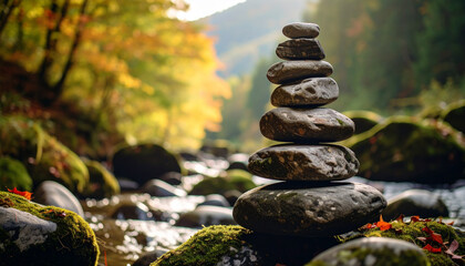 The art of stone stacking reflects Zen mindfulness and balance. Perfect for themes of patience, calmness, and spiritual alignment.