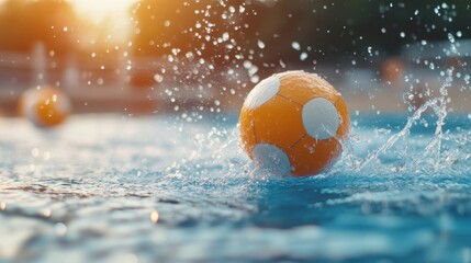 Water polo ball splashes in clear blue pool during vibrant sunset, capturing dynamic sports action