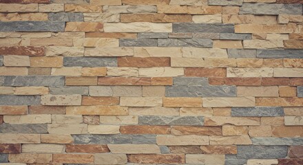 Fototapeta premium The close-up view reveals a weathered, multi-colored stone wall with intricate textures and details.