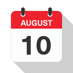 August 10 Daily Calendar. Red Theme on White Background