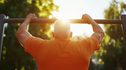 Fitness enthusiast performs pull-ups at outdoor park during sunset for strength training and wellness