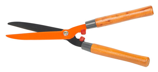 Fototapeta premium A pair of garden hedge shears featuring sharp orange and black blades and smooth wooden handles. Perfect tool for trimming bushes and maintaining a neat garden. Isolated on transparent background.