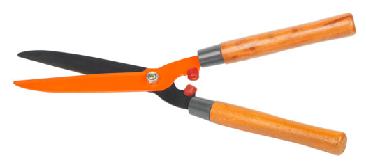 A pair of garden hedge shears featuring sharp orange and black blades and smooth wooden handles. Perfect tool for trimming bushes and maintaining a neat garden. Isolated on transparent background.