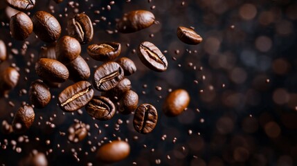 Obraz premium Coffee beans floating in a dark background, showcasing their rich texture and deep brown color