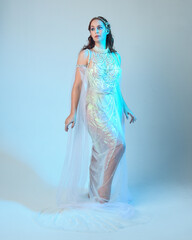 Fantasy studio portrait of a red-haired mermaid faery wearing a white pearl gown, fairytale...