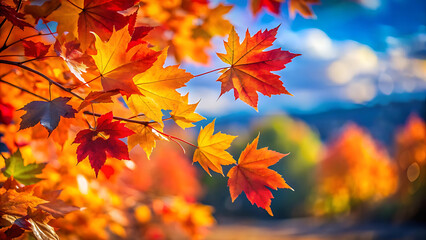 Vibrant autumn maple leaves displaying colors of fall against blurred sky and forest background