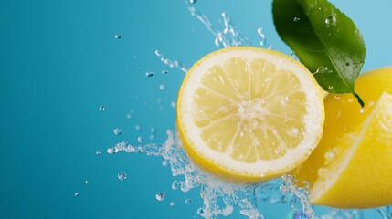 Fresh lemons splashing in water against a vibrant blue background creating a refreshing and lively atmosphere