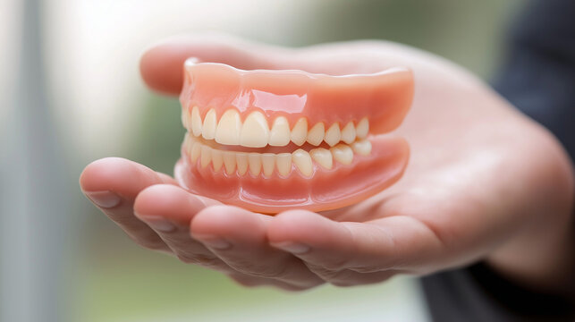 AI generator image of dentures ,gloved hand gently holds  set of pink and white dentures, showcasing a natural-looking smile replacement. Dentist holding dentures in hands. Dental prosthesis in doctor