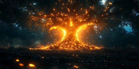 Fiery Ancient Tree in a Dark Forest