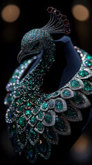 Fototapeta premium AI generator image of Emerald diamond necklace, designed in the shape of a green peacock.Diamond Necklace with Green Emerald Gemstone Jewelry. Mannequin Neck. Exclusively for Women.