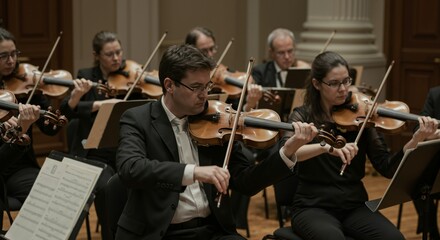 Orchestra Performance Featuring Violinists in Formal Attire Playing Classical Music in an Elegant Concert Hall Environment