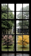 Window view of buildings, trees, and a cloudy sky through divided panes