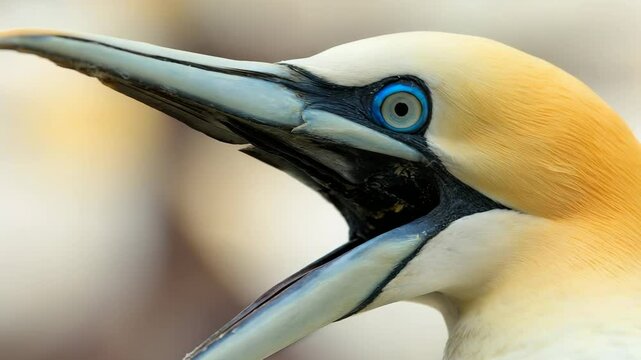 Video of Northern gannet with open beak, Bass Rock Island, Scotland. Funny animals, 4k, motion