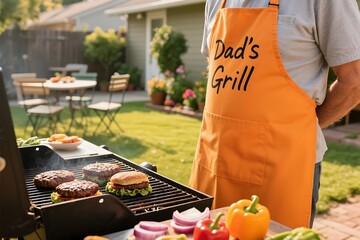 Dad grilling delicious burgers on the backyard grill while wearing a fun orange apron on a sunny day.