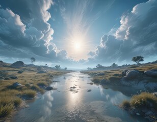 Cerulean sky canvas, gossamer clouds bridging the ground ,  connection,  bright,  vibrant