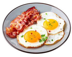 Eggs and bacon on a plate isolated on a transparent background